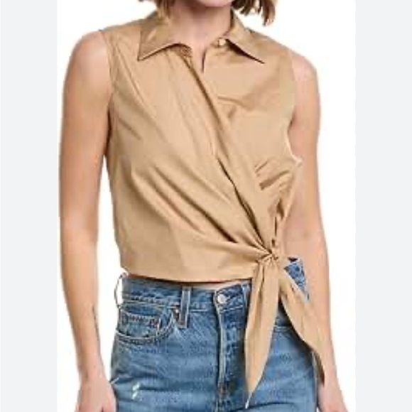 Vince Tan Wrap Blouse Sleeveless Cotton Poplin Wrap Shirt in Dune Size 2 - Picture 8 of 8